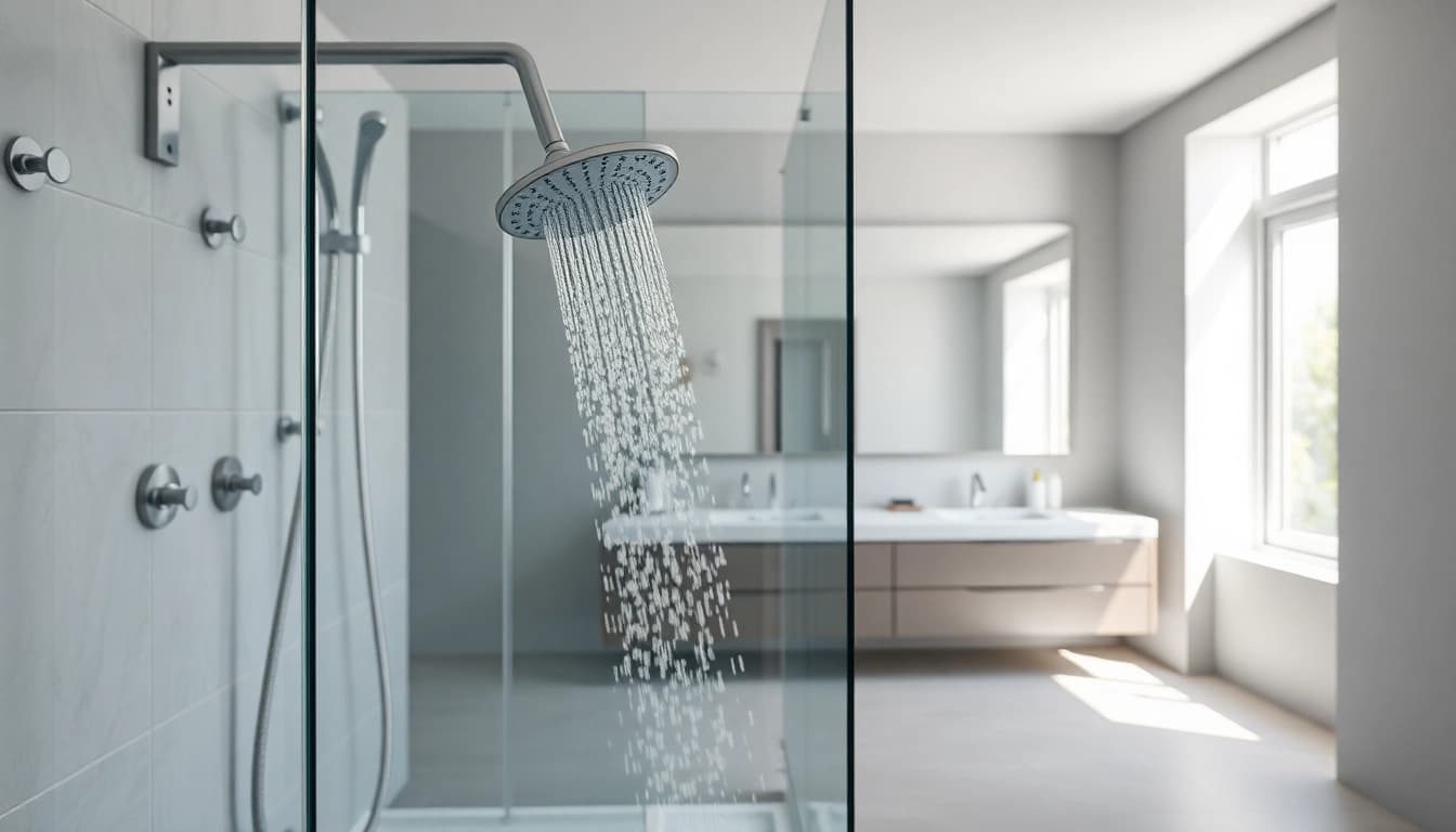 Duschkabine 80x80 in elegantem Badezimmer mit gläserner Wand und modernen Armaturen.