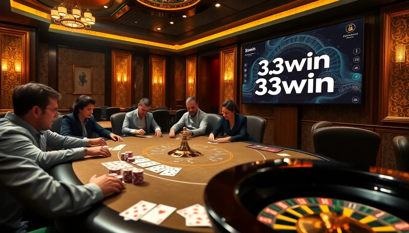 Experience thrilling gameplay at 33win's professional casino tables with vibrant chips and cards.