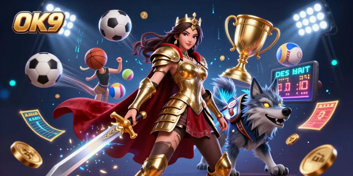 Experience thrilling action at OK9 with a warrior queen and glowing armored wolf in an epic casino scene.