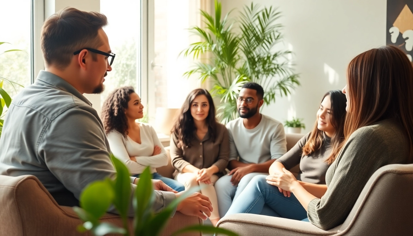 Engaged group discussion promoting emotional wellbeing in a serene therapy environment.