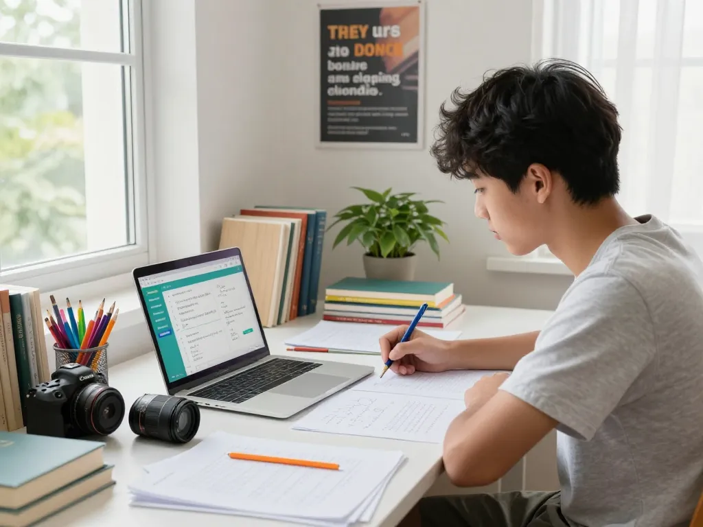 Student, der eine digitale App nutzt, um in einem hellen Arbeitszimmer Hausaufgaben zu lösen