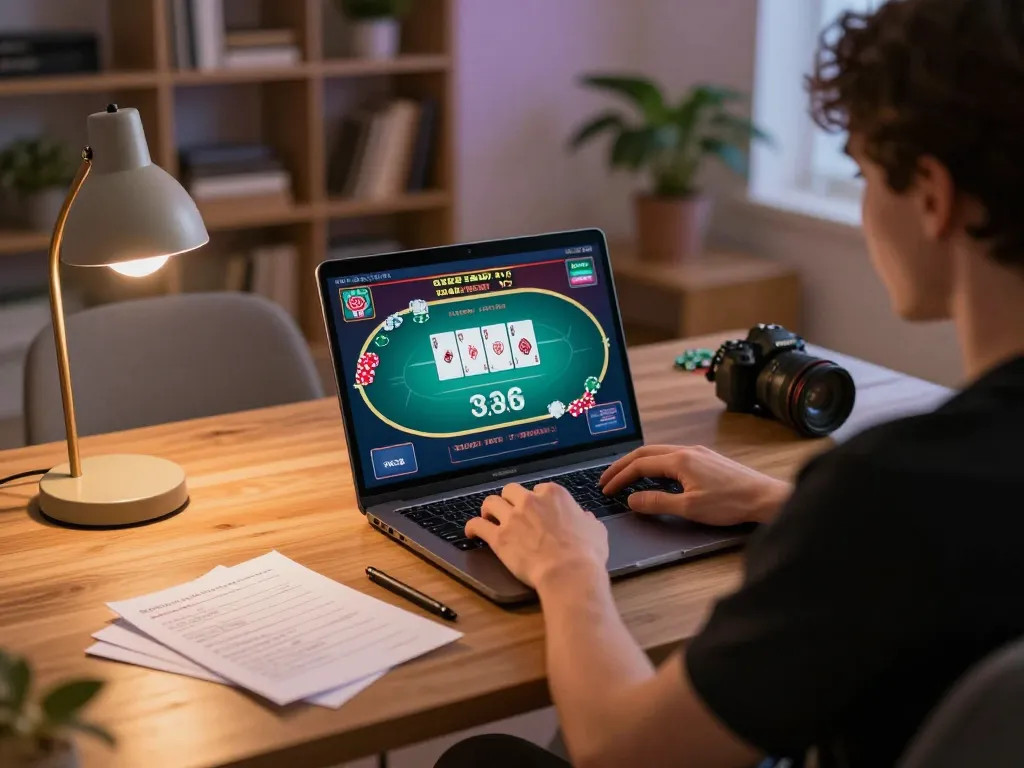 Engaging online gaming scene showcasing BL555 poker gameplay on a laptop, emphasizing strategic betting tips in a cozy home.