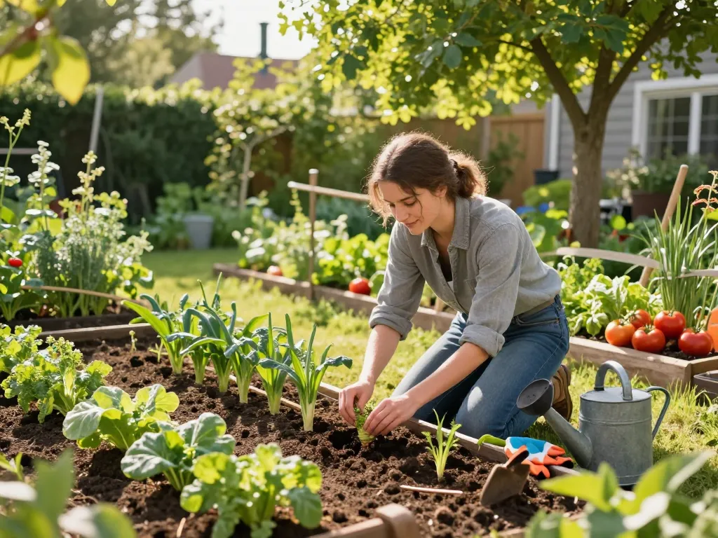 Planting porree jungpflanzen in a vibrant home garden with colorful vegetables.