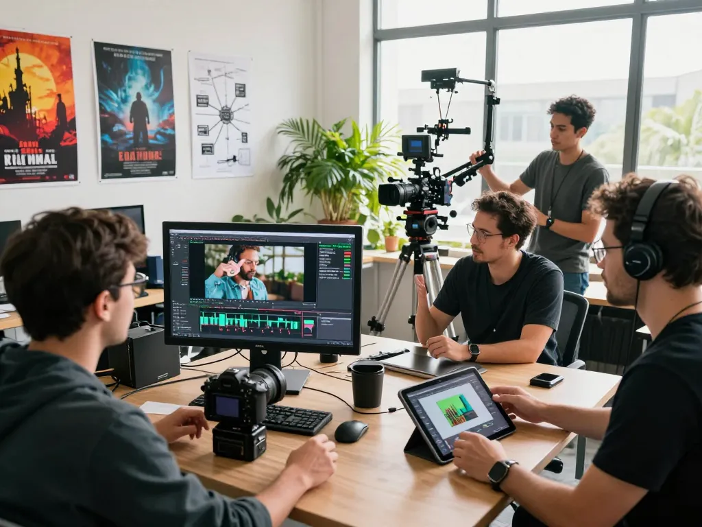 Creative team collaborating on motion control video production, showcasing dynamic workspace for innovative projects.