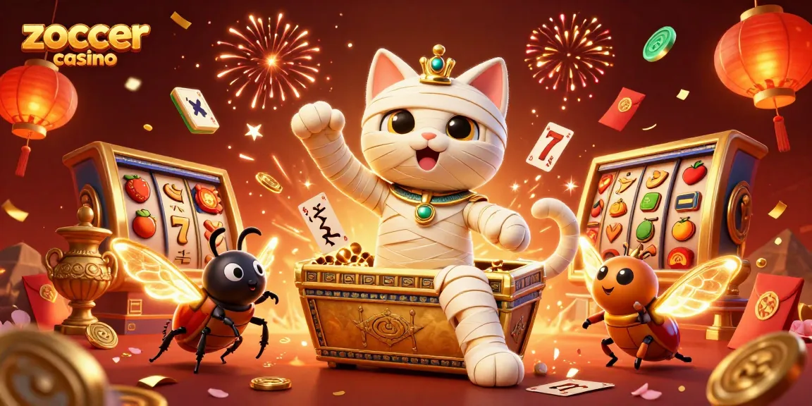 Zoccer casino bursts with excitement, featuring a vibrant mummy cat with golden elements and thrilling slot game symbols.