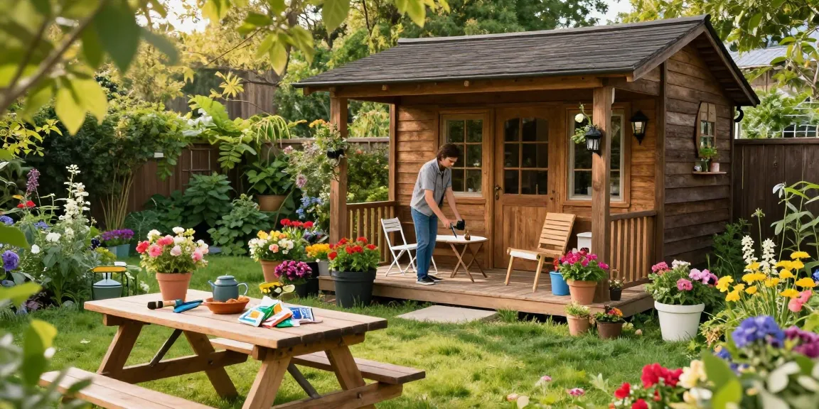 Das Gartenhaus Holz integriert harmonisch in eine blühende Gartenlandschaft.