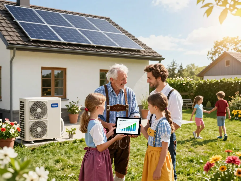 Familie in Bayern diskutiert Solarinstallationsmöglichkeiten in ihrem Garten und fördert Nachhaltigkeit.