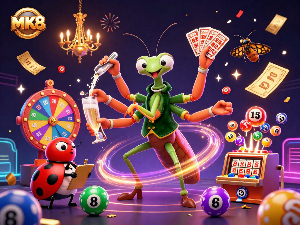 Experience thrilling wins at MK8, featuring a vibrant 3D casino scene with colorful lottery balls and festive celebration elements.