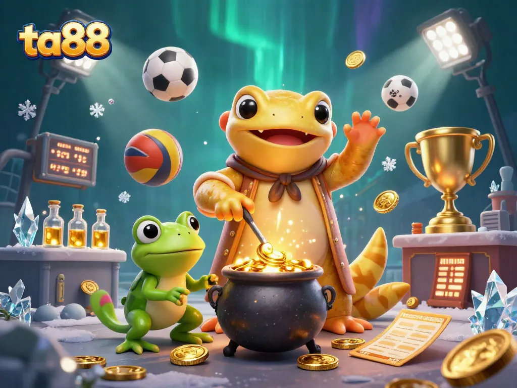 Engage in thrilling betting at ta88 with immersive 3D casino illustration featuring magical alchemy and sports excitement.