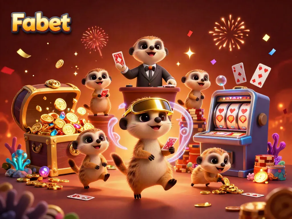Experience the vibrant energy of Fabet's casino with animated meerkats managing games and exploding treasure.