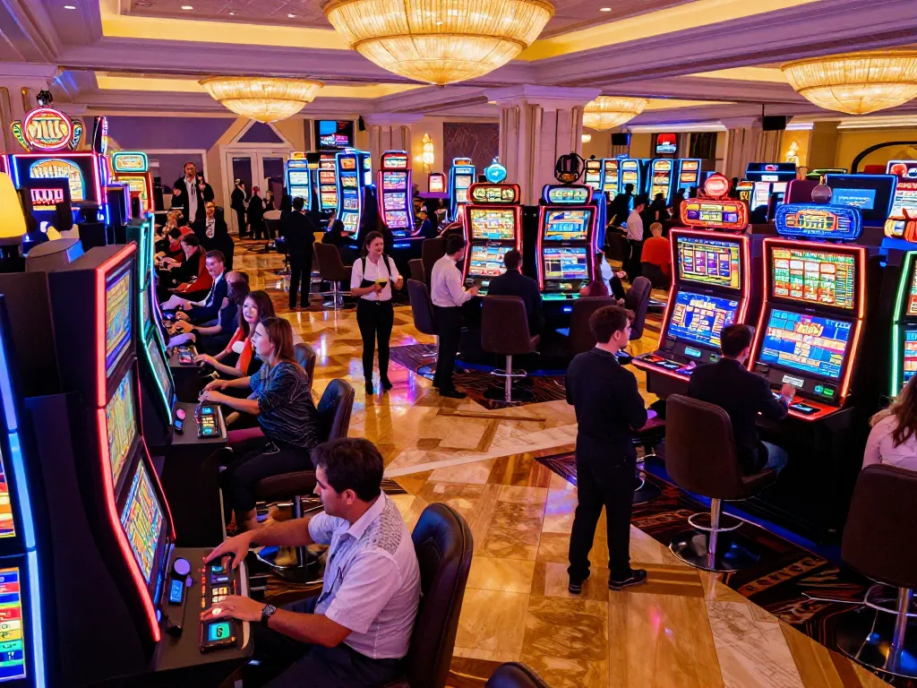 Players enjoying exciting games at https://va88.uno/ lively Vegas casino floor amidst vibrant slot machines