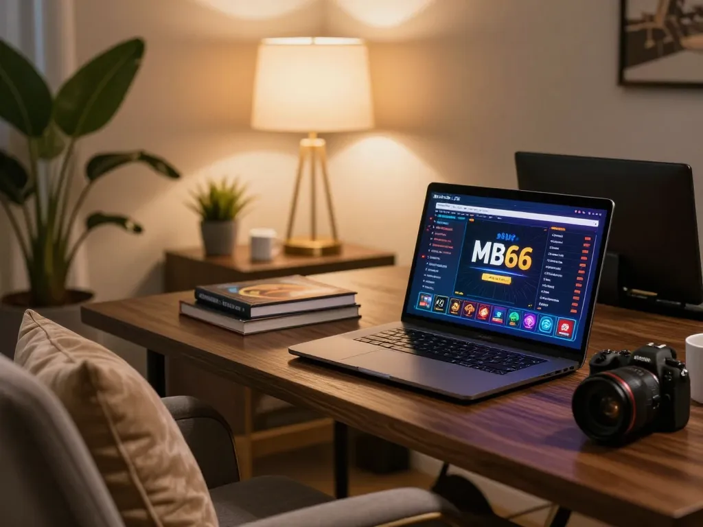 Engaged player using MB66 online casino app on their laptop, showcasing strategic gameplay in a cozy atmosphere