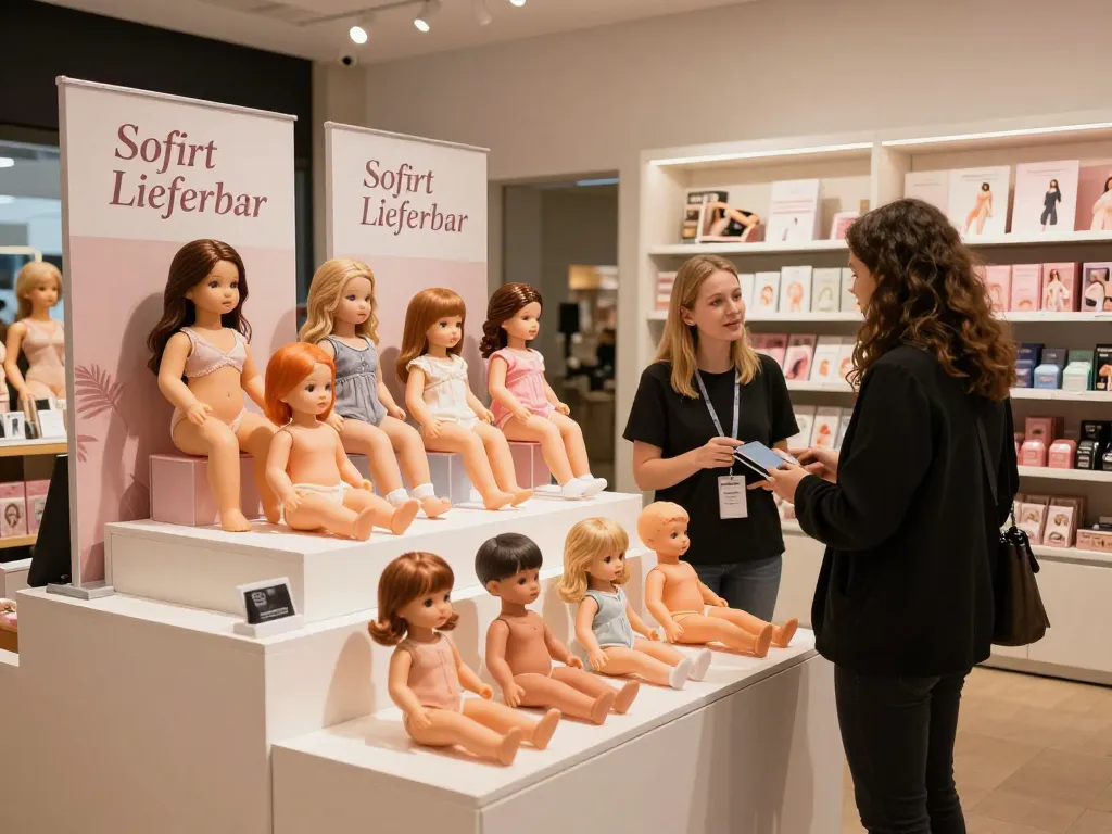 Sofort lieferbare Sexpuppen, die in einem modernen Ausstellungsraum mit Kundeninteraktion präsentiert werden.