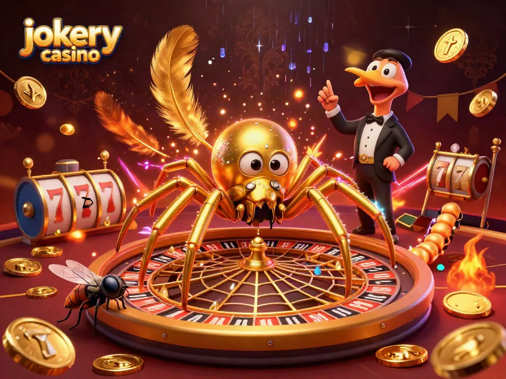 Experience the thrilling atmosphere of jokery casino with a golden spider web roulette wheel and vibrant elements.