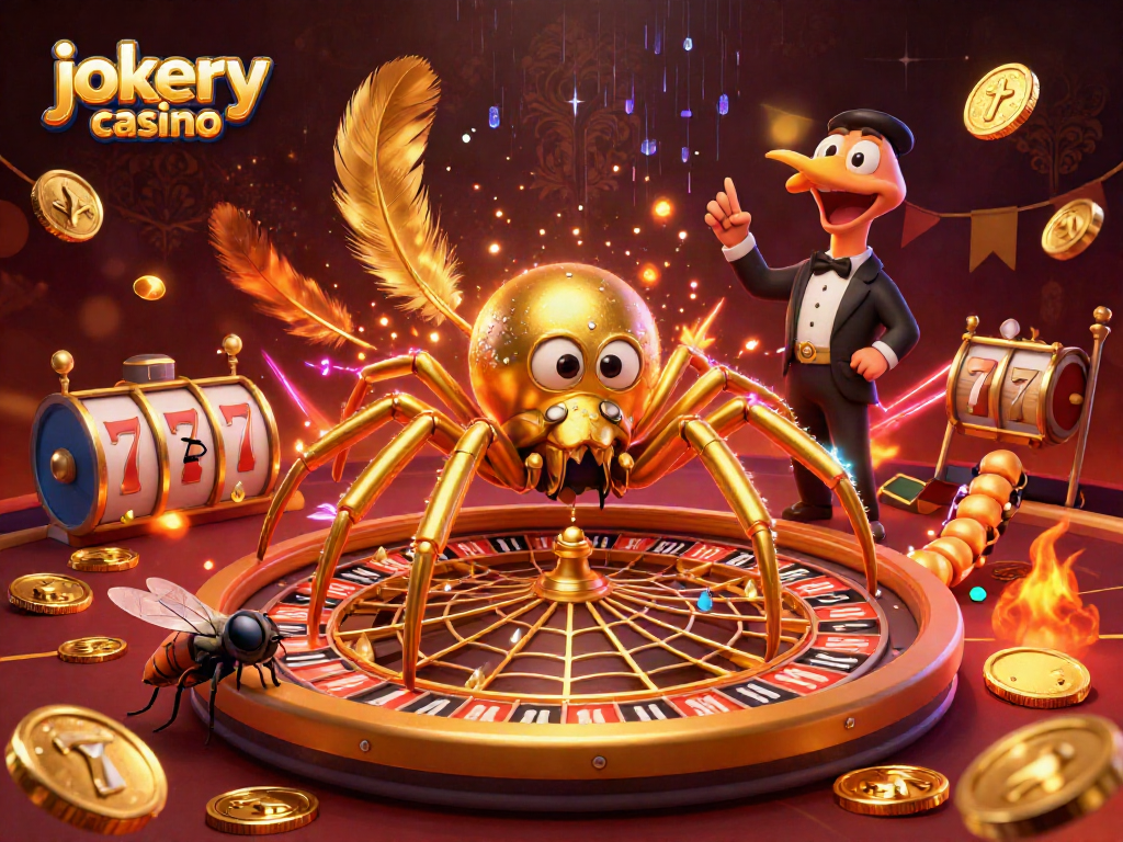 Experience the thrilling atmosphere of jokery casino with a golden spider web roulette wheel and vibrant elements.