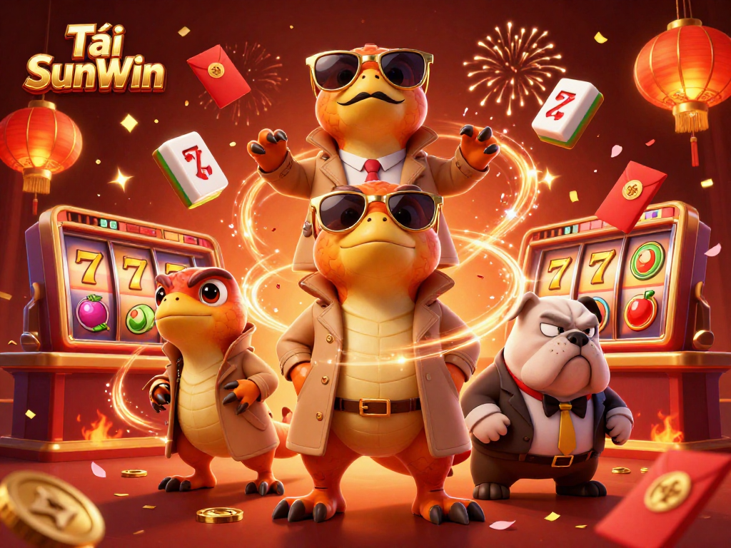 Tải SunWin raptors sneak into VIP lounge adorned with slot elements and festive decorations.