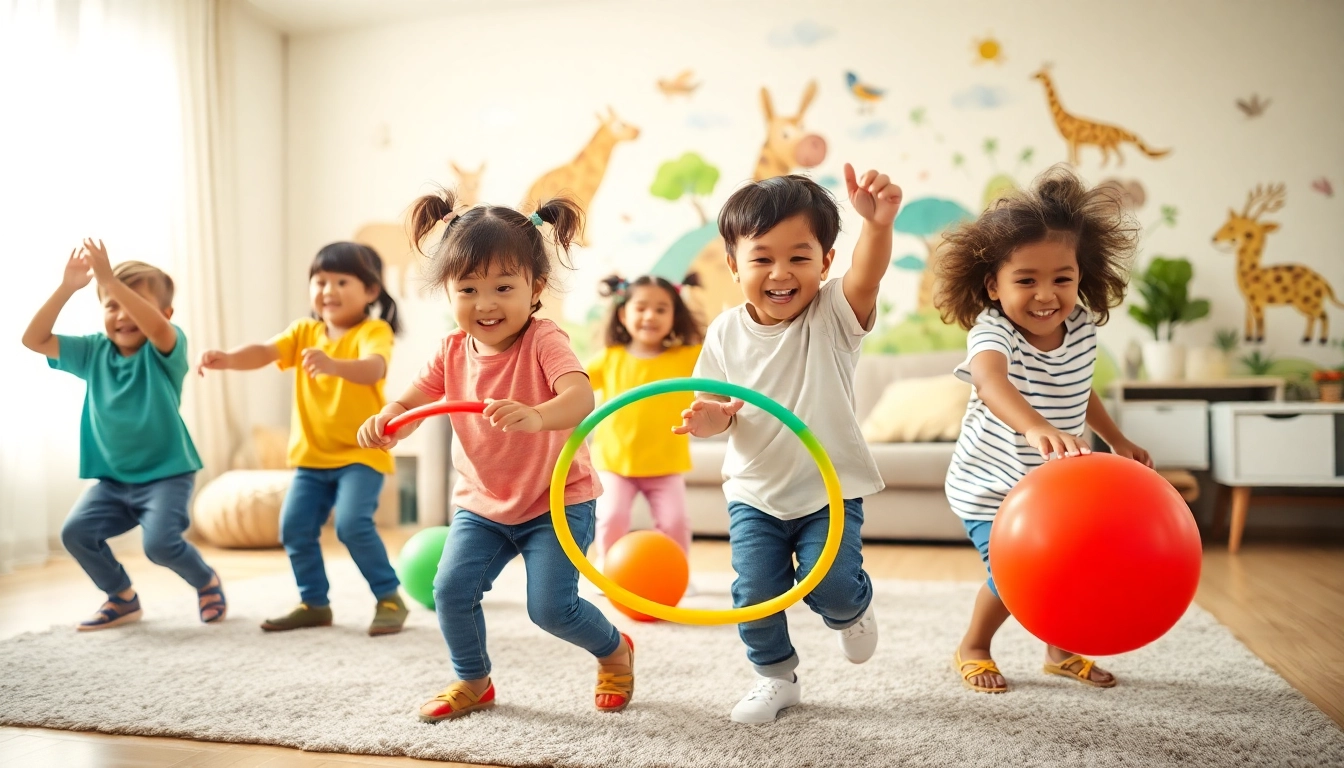 Kinder spielen drinnen Bewegungsspiele, mehr dazu lesen fuer kreative Ideen.