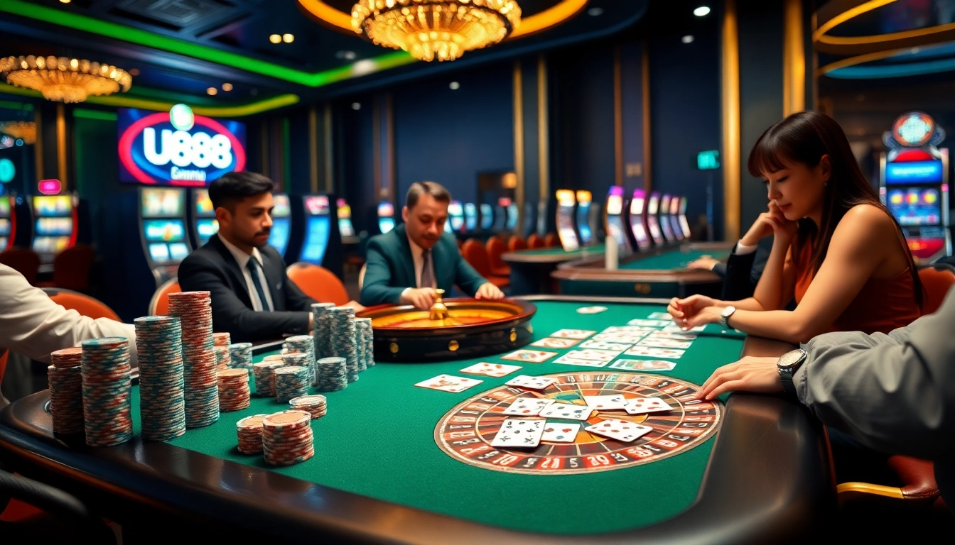 Players enjoying a thrilling poker game at U888 casino with colorful chips and cards.