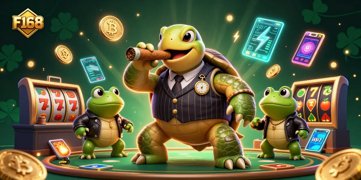 F168 engaging casino scene with a snapping turtle and bullfrogs surrounded by vibrant slot elements and crypto coins