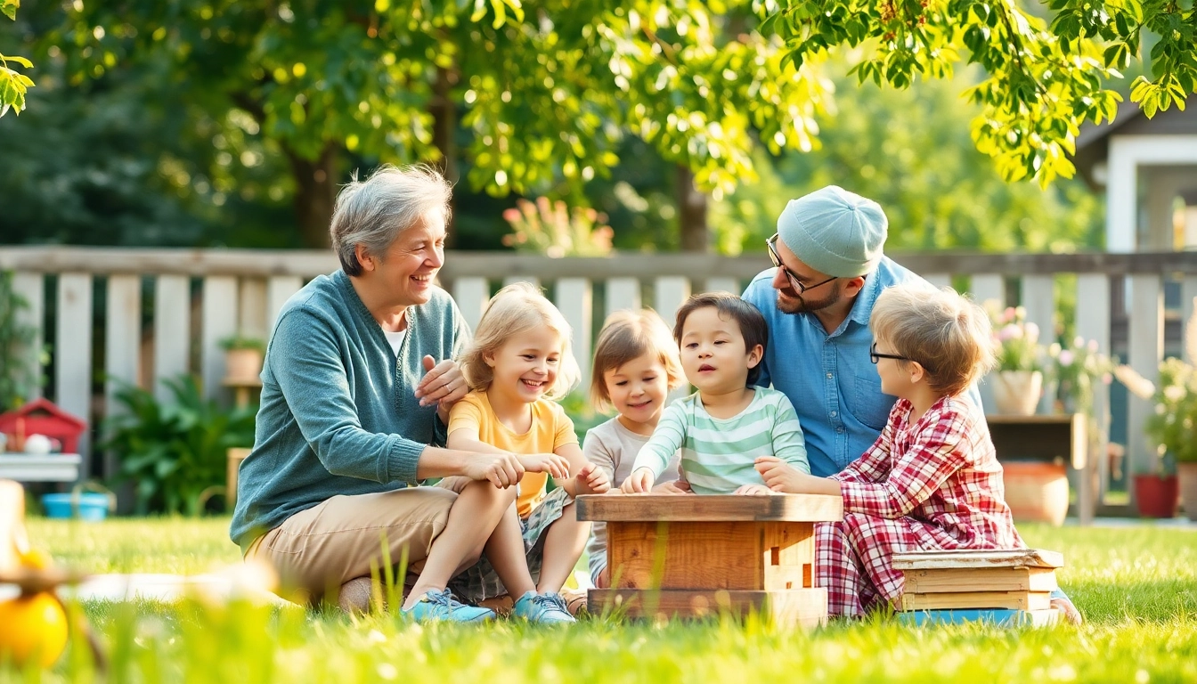 Kindererziehung von einer liebevollen Familie, die im Garten spielt und lacht.