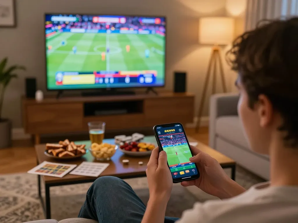 Engaging moment of placing live bets on smartphone during a sports event, showcasing 79sodoni