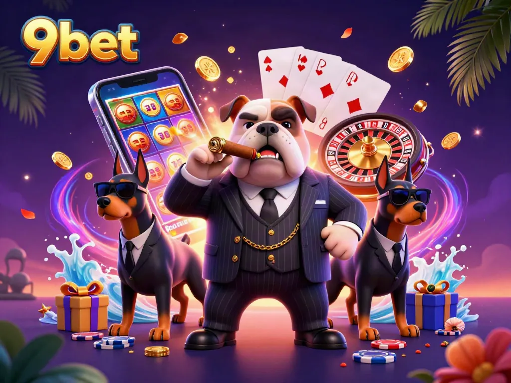 Engage in thrilling games at 9bet with a fun cartoon scene featuring vibrant casino elements and characters.