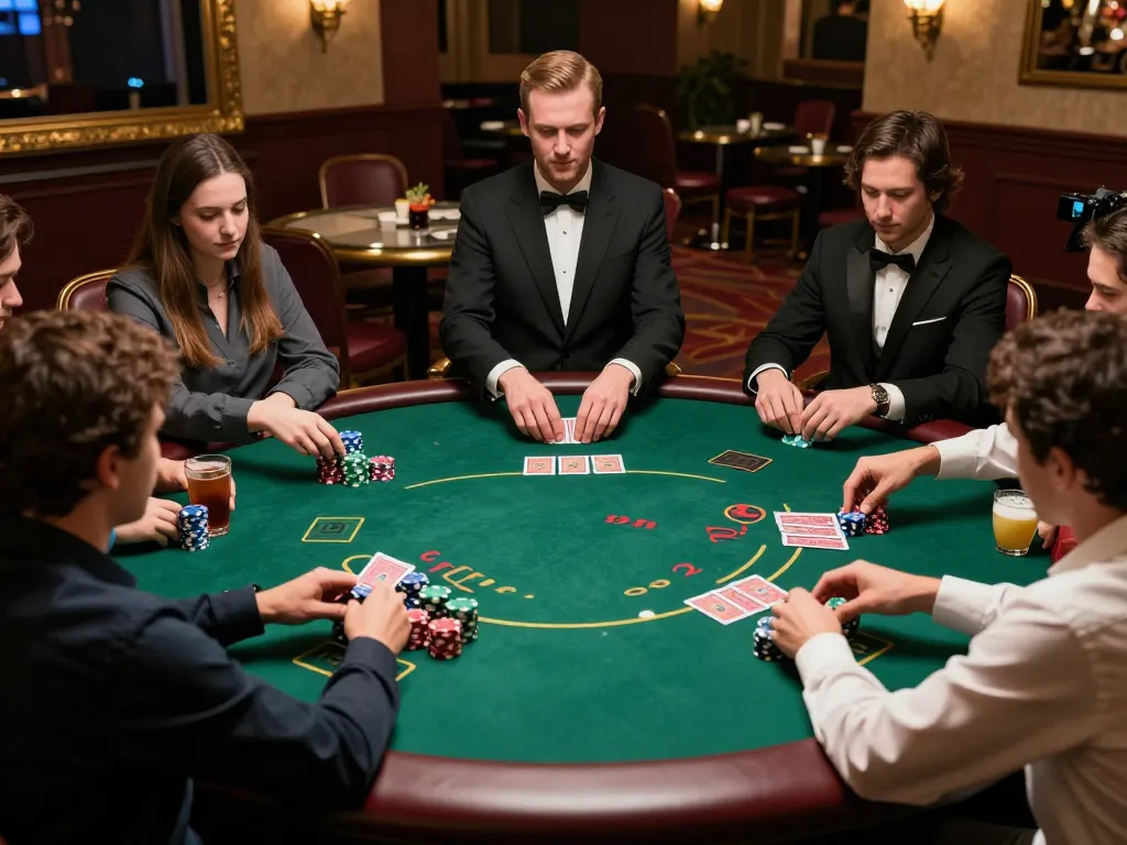 Go8 players strategizing at a poker table in an upscale casino, focusing on gameplay excitement.
