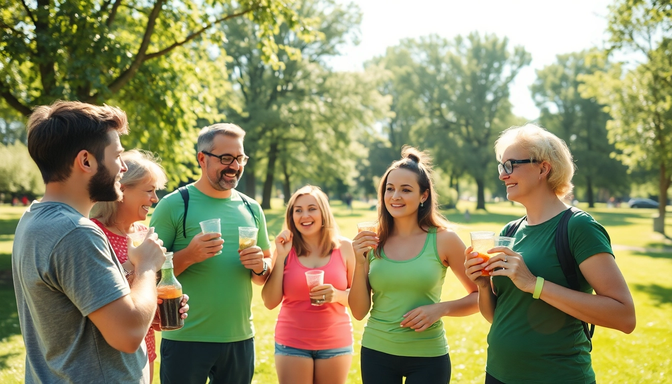 Gruppe von Menschen im Park, die durch gesunde Ernährung und Bewegung gemeinsam Gewichtsverlust anstreben.