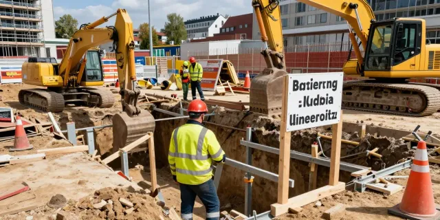 Baugrubensicherung auf Baustelle mit Sicherheitsmaßnahmen und Arbeitern