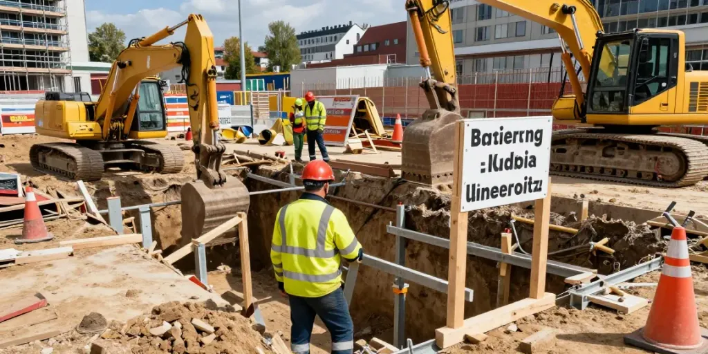Baugrubensicherung auf Baustelle mit Sicherheitsmaßnahmen und Arbeitern