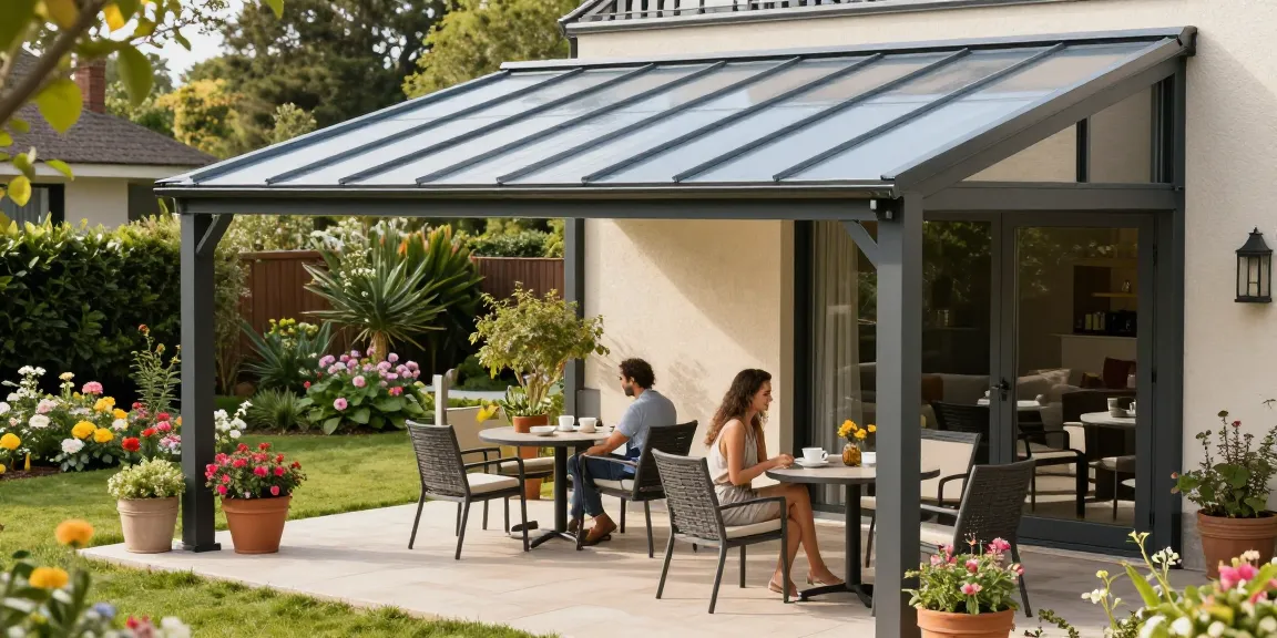 Eine stilvolle Terrassenüberdachung schafft eine einladende Atmosphäre für Paare im Garten.