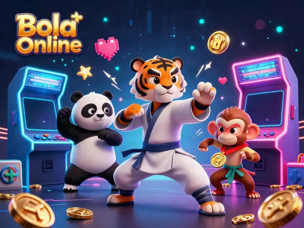 Bola Online casino scene featuring kung fu tiger and panda in a vibrant gaming environment