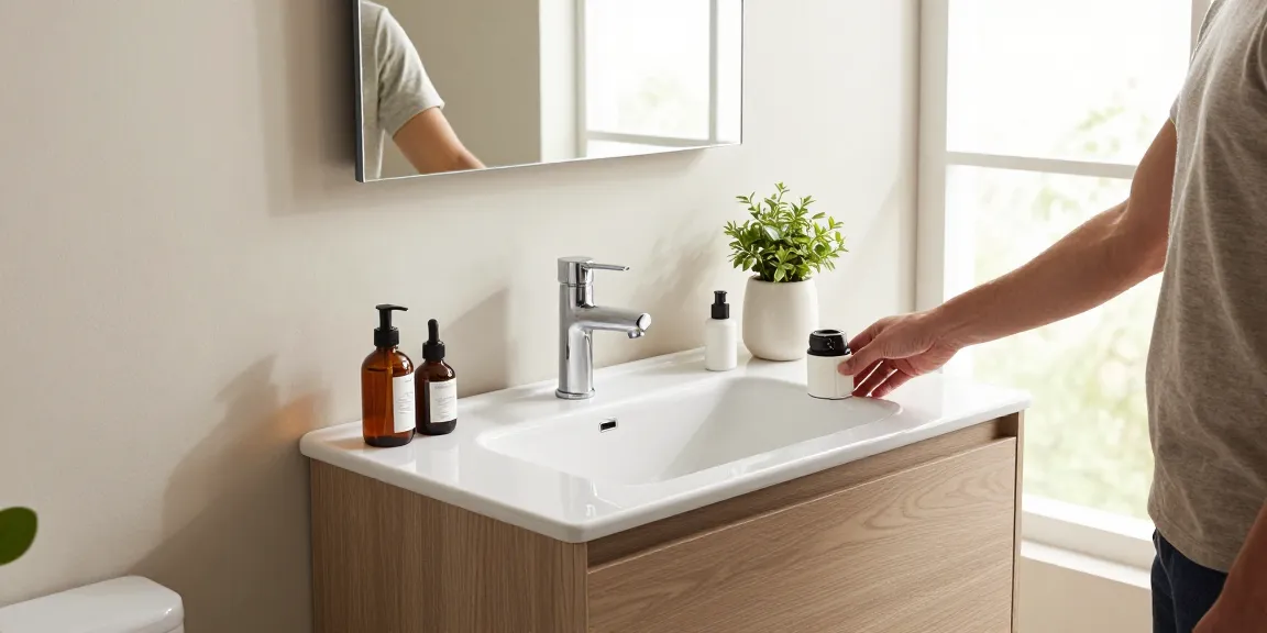 Stijlvol badkamermeubel 50cm met geïntegreerde wastafel en accessoires in een heldere badkameromgeving.