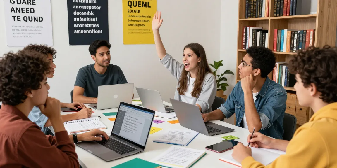 Engaging quiz Allgemeinwissen atmosphere with friends testing their knowledge in a lively study room.