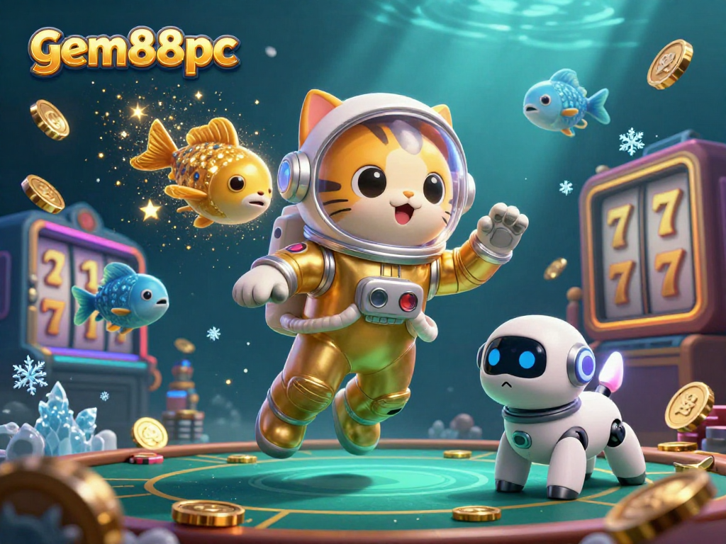 Engage with the rich, thrilling world of gem88pc in this vibrant 3D casino scene featuring a space cat and robot dog.