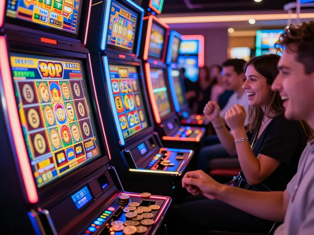 Celebrate a big win at a 90P slot machine in a vibrant casino, capturing the excitement.