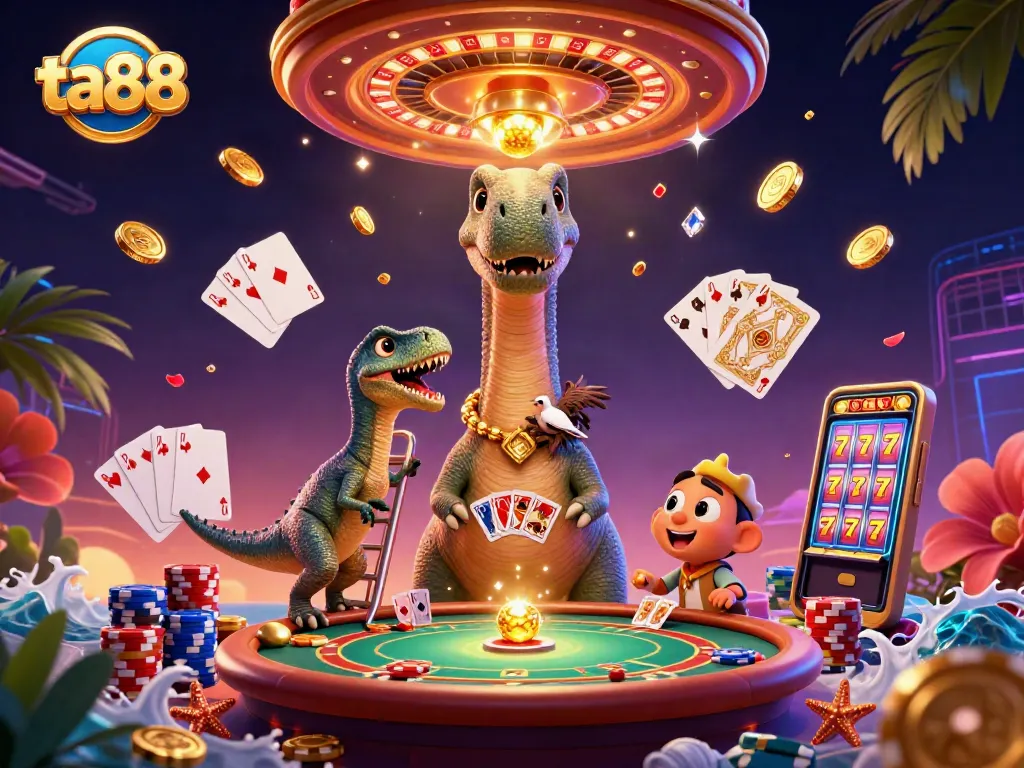 Win big with ta88 in a vibrant 3D casino scene featuring playful dinosaur characters.