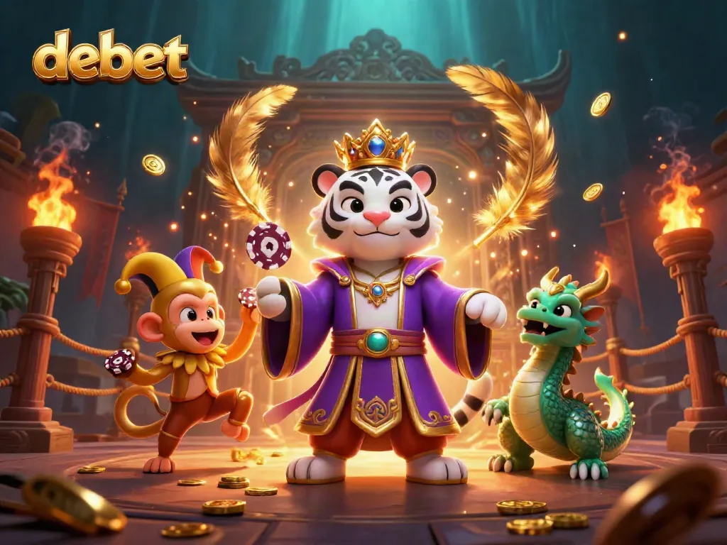 Engaging scene featuring debet with a royal tiger, monkey juggling chips, and a jade dragon in dynamic casino setting.