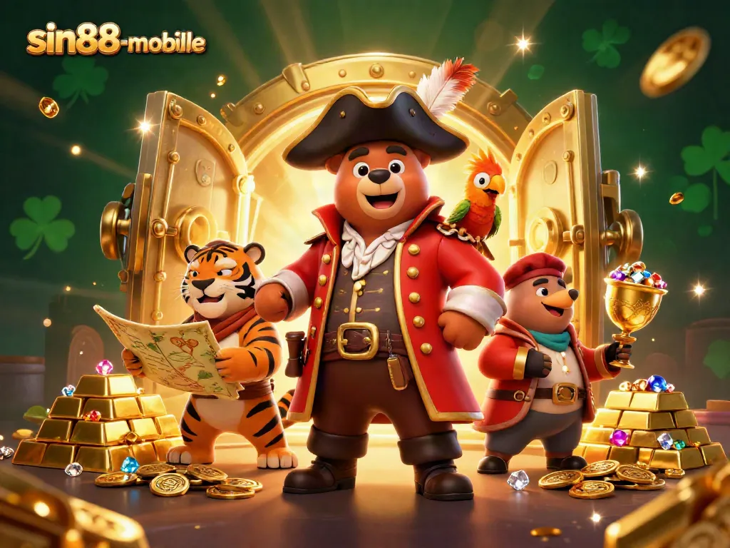 Spin to win with sin88-mobile featuring a vibrant pirate crew at a treasure vault.