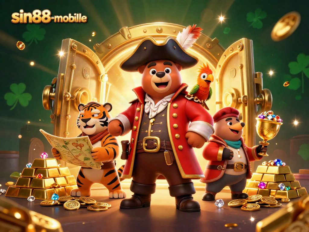 Spin to win with sin88-mobile featuring a vibrant pirate crew at a treasure vault.