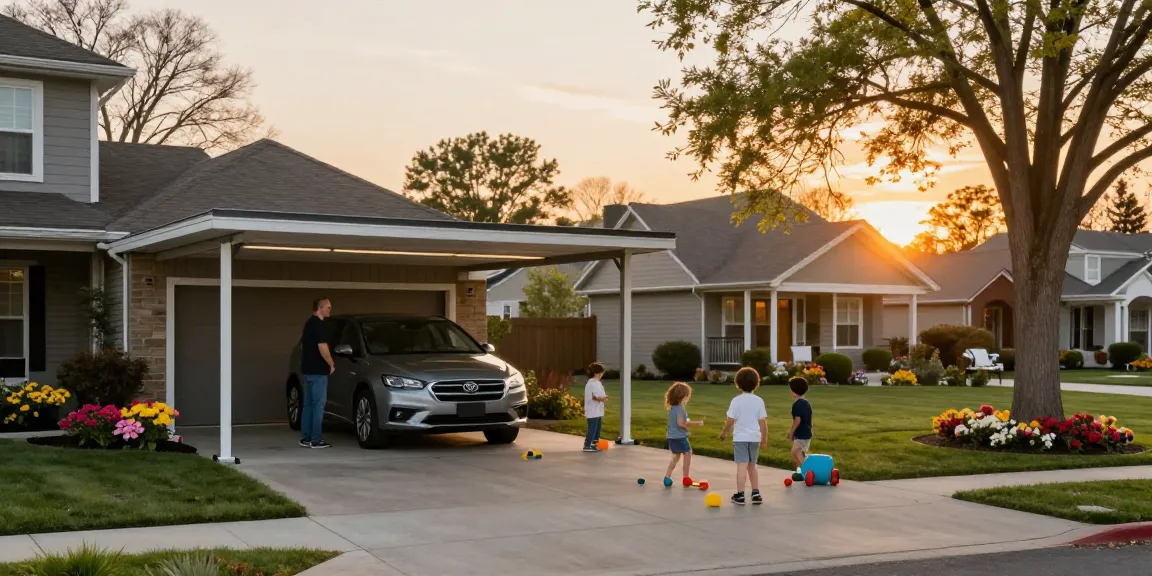 Moderne Carport in einem gepflegten Vorgarten mit spielenden Kindern und blühenden Blumen.