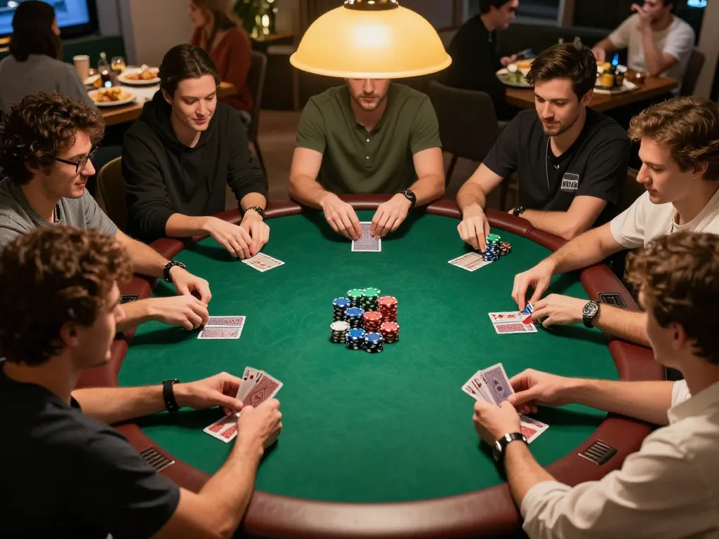 Nohu90 players enjoying a friendly poker game with chips and cards in action.