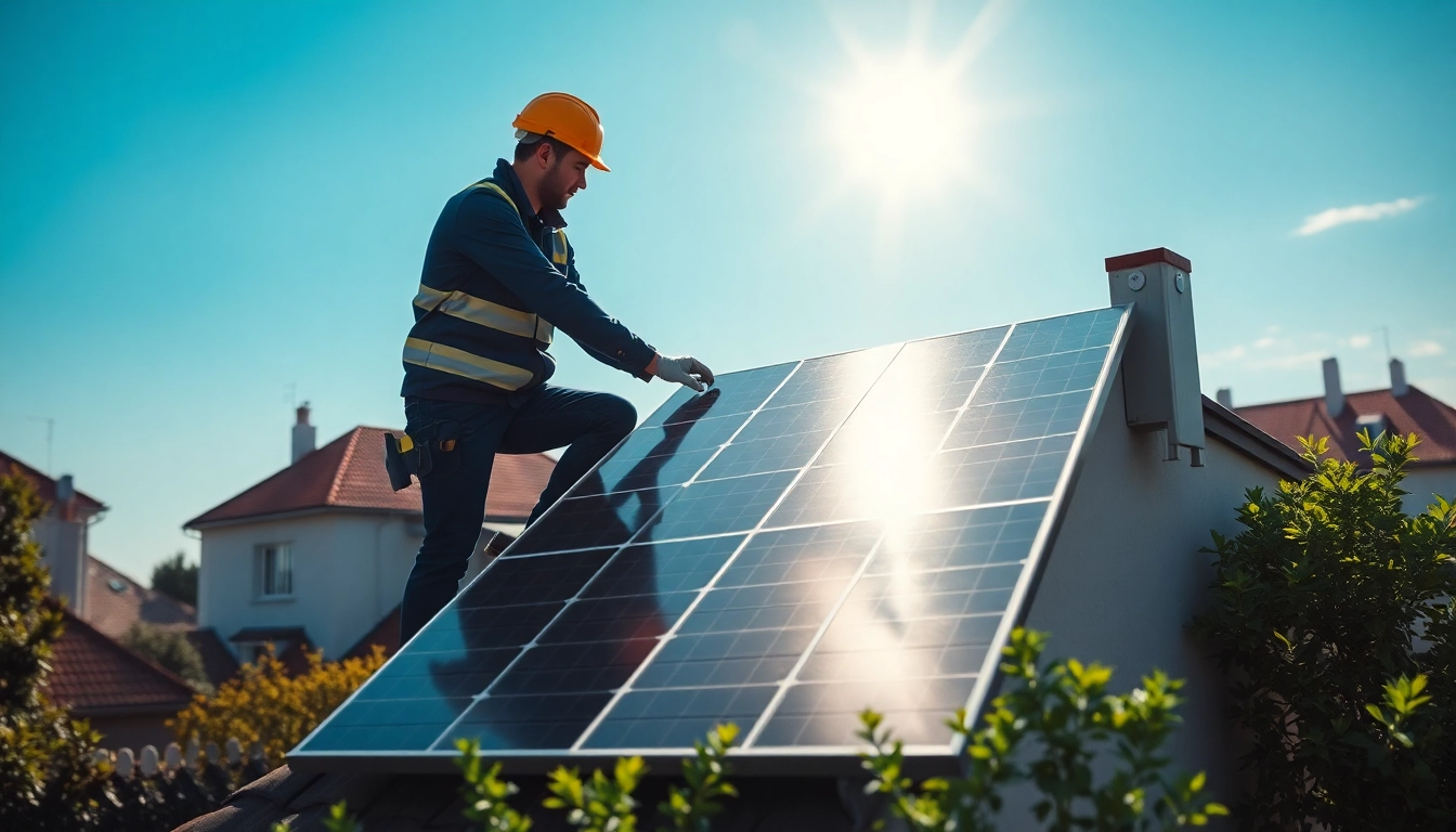 Photovoltaikanlage Kaufen Wien: Installing solar panels on a sunny rooftop in Vienna.