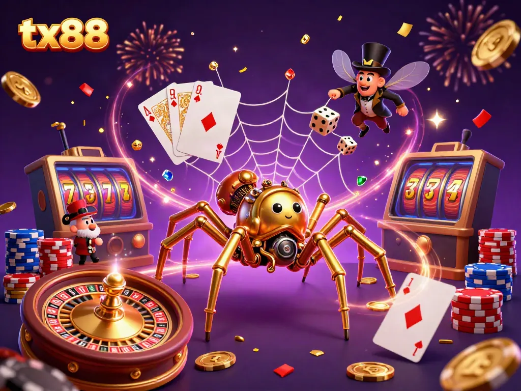Experience excitement with tx88 as a steampunk spider spins golden webs in a lively casino scene.