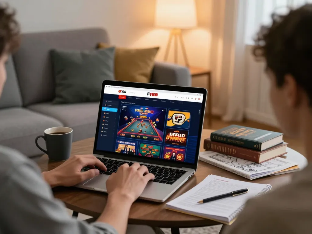 Engaging in online gaming on F168 website in a cozy home setting.