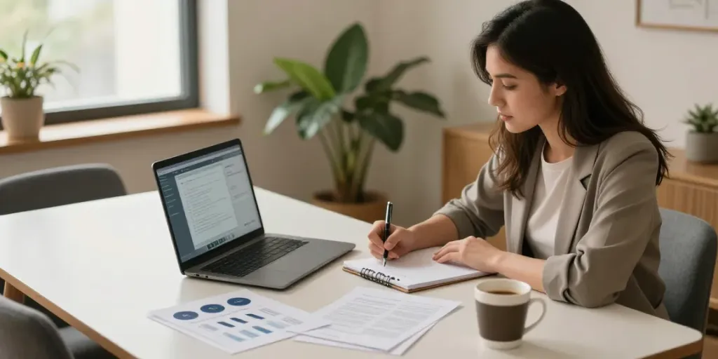 Payday Loans Co Edmonton consultation setup with a young woman reviewing loan options in a warm, inviting home office.