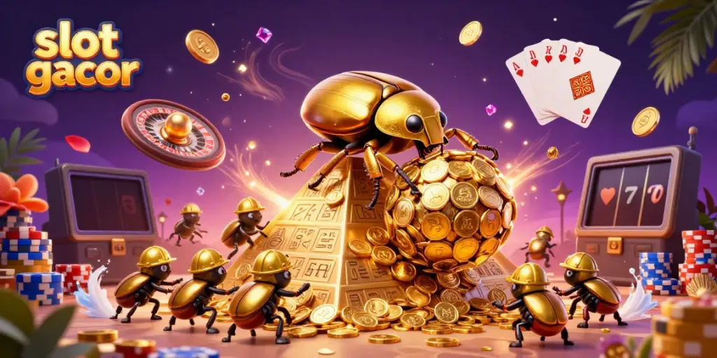 Engage with the vibrant slot gacor world, featuring a golden beetle rolling coins in an energetic casino scene.
