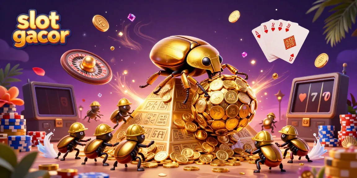 Engage with the vibrant slot gacor world, featuring a golden beetle rolling coins in an energetic casino scene.