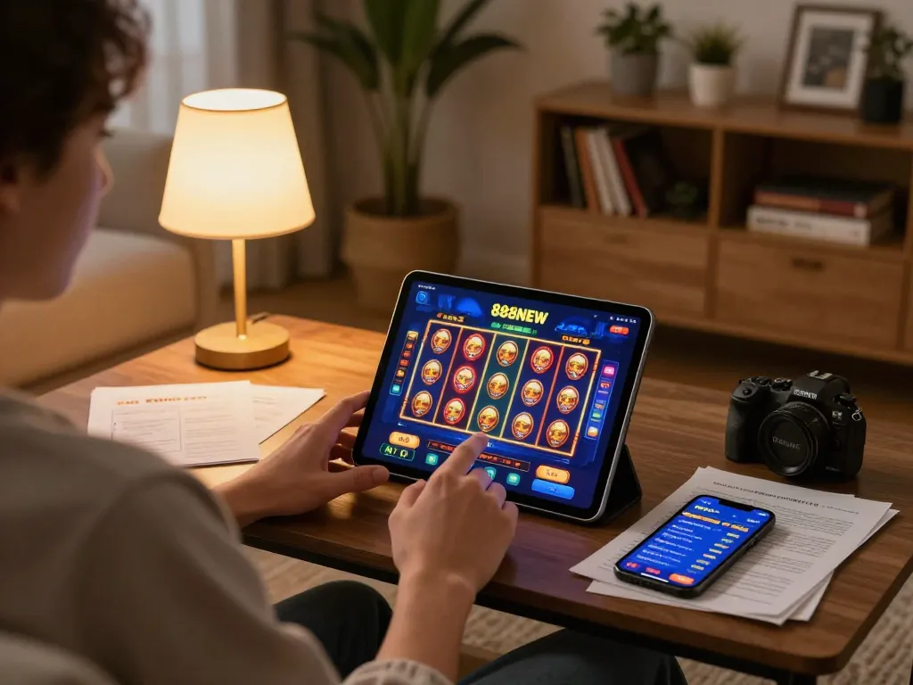 Person enjoying a gaming session on the 888NEW app in a cozy home setting, showcasing online casino excitement.