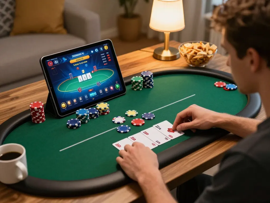 B52 club player strategizing during an online poker session on a tablet in a cozy home setting
